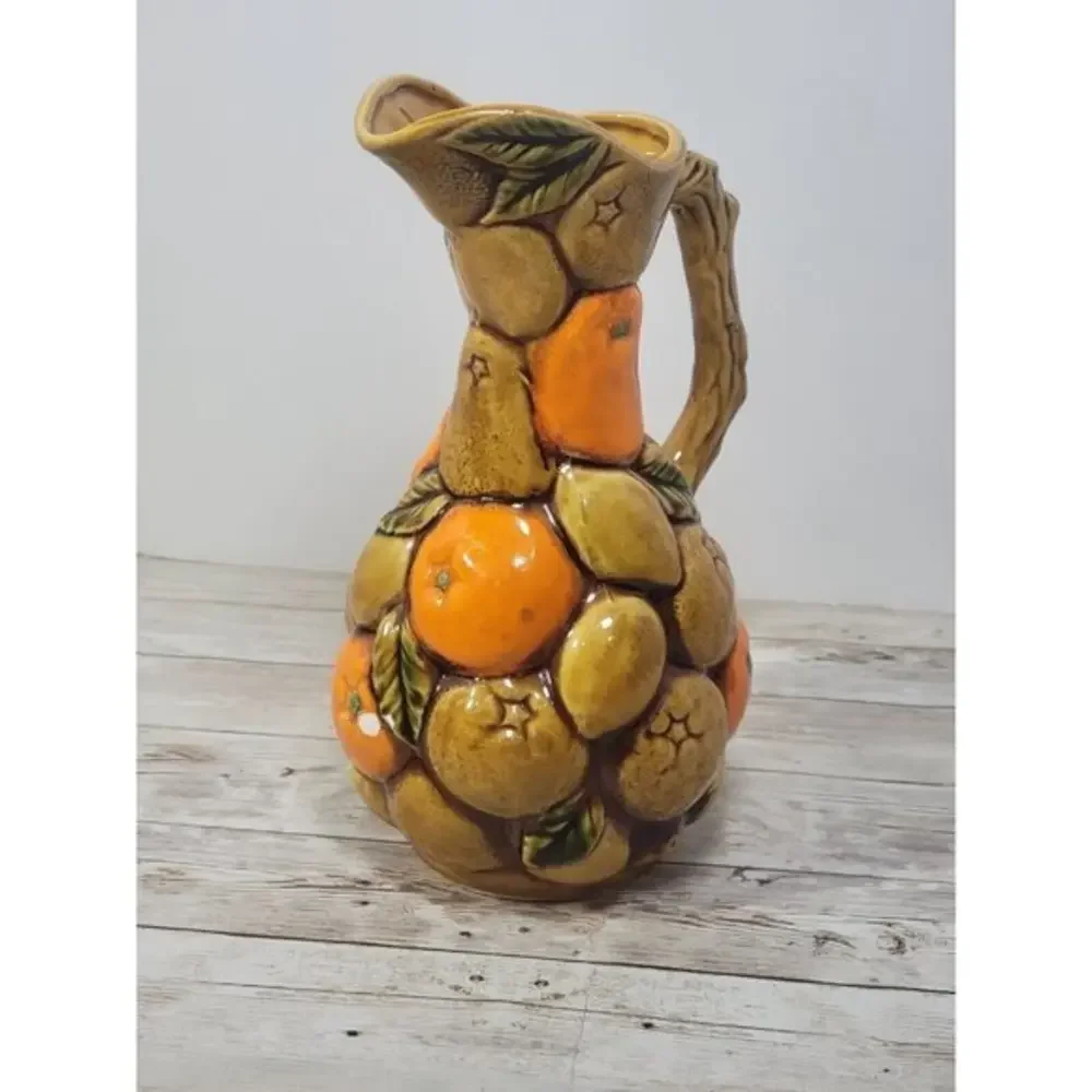 vintage Majolica Pitcher tropical w orange lemon-Japan-Inarco MCM Citrus Fruit - Picture 1 of 10